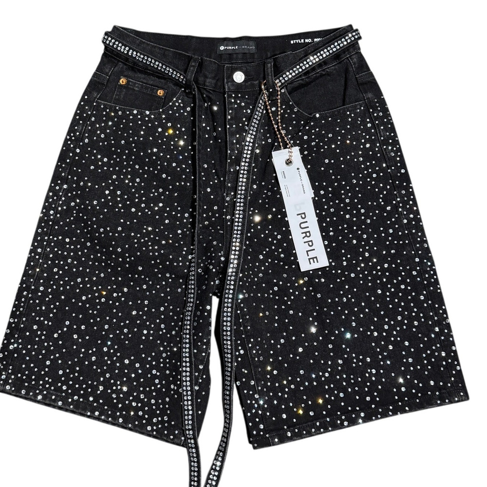 Purple Brand Black Rhinestone Belted Denim Shorts | NWT